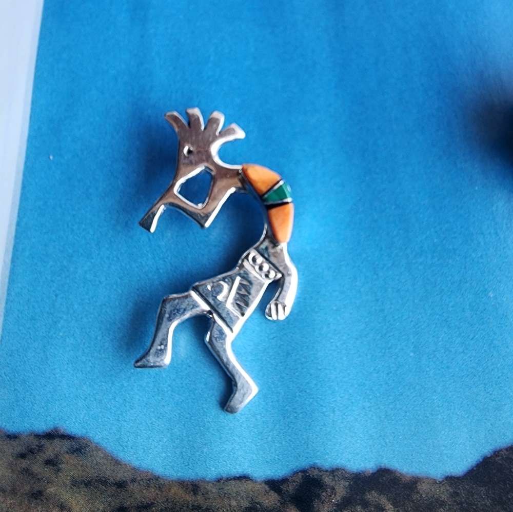 Silver Kokopelli Brooch with Apple Coral and Malachite Accents~ - Picture 7 of 8